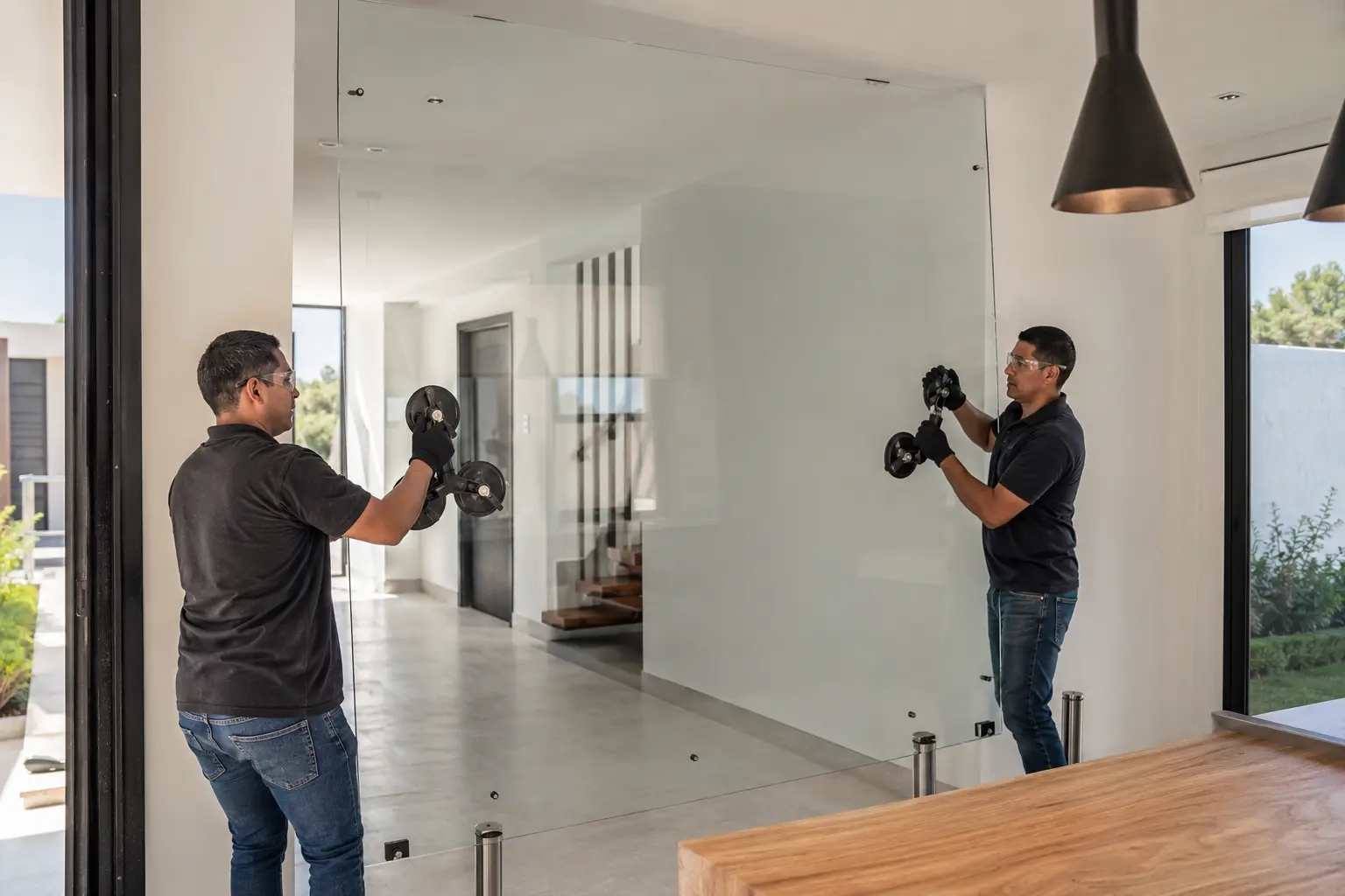 Profesionales instalando un panel de vidrio en un ambiente moderno